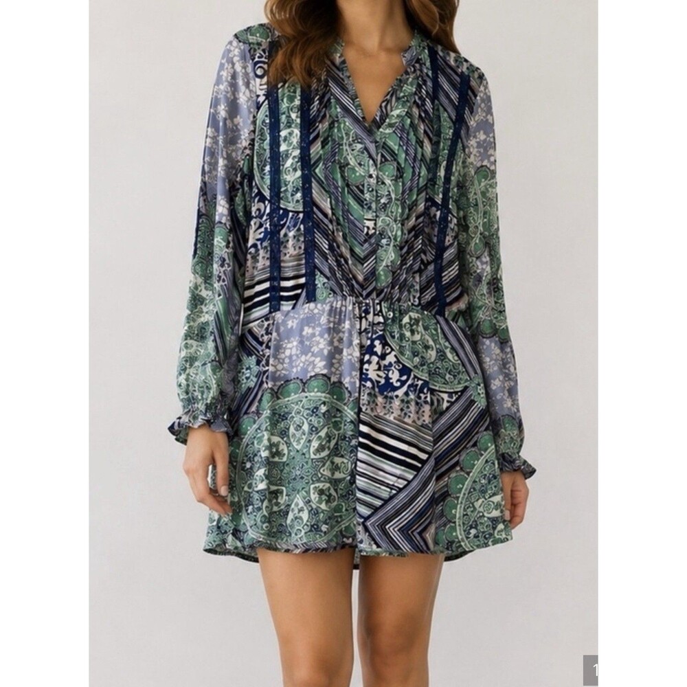 Tiny Anthropologie  Caviana Shirt Dress PaisleyGreen Blue White boho SZ L